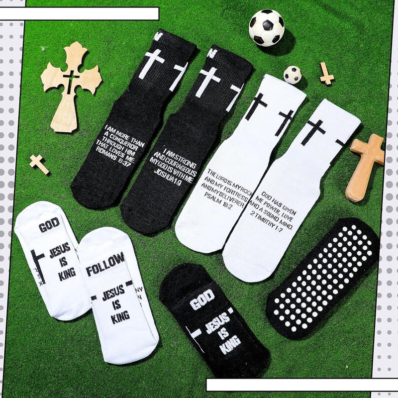 Jamntower 4 Pairs Cross Grip Soccer Socks with Bible Verse Anti Slip Religious Jesus Christian Football Sock with Rubber Dots - Image 3